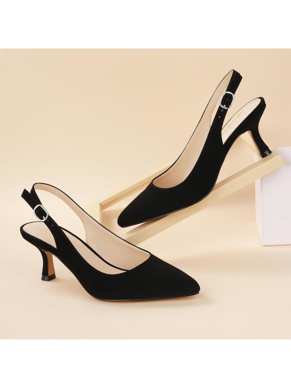 Women's Slingback Kitten Heels Pointed Toe Low Heel Black Nu Pumps Dress Shoes - Picture 3 of 6